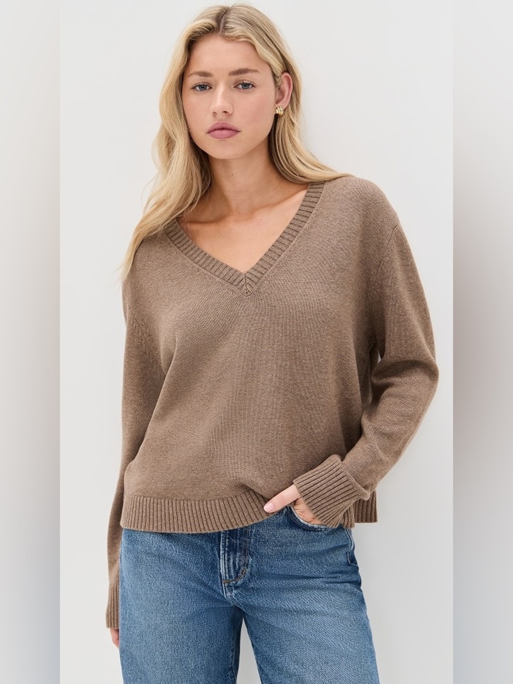 Jenni Kayne Large Simone V Neck Pullover Sweater Doe Brown